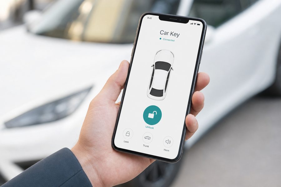 Person using the Coveryou digital key app to unlock a hire car